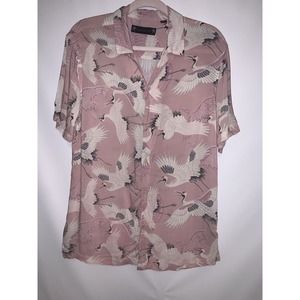 All Saints Pink Crane Print Casual Button Down Shirt